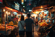 Young Couple Holding Hands While Walking Through a Bustling Night Market Street