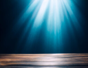 abstract dark blue background illuminated by soft studio light, with an empty stage at the forefront