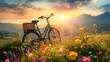 Bicycle in colorful wildflowers in a green meadow, mountain background, at sunset. Relax with nature