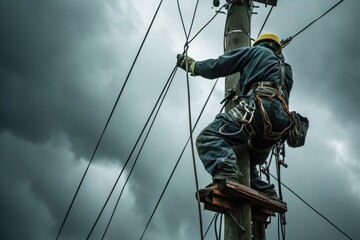 Aufkleber - Electrician Repairing Power Lines During A Heavy Storm