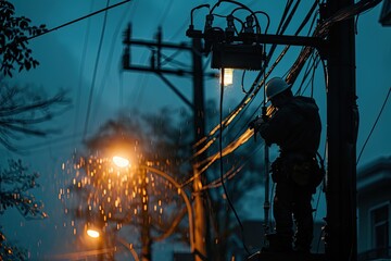 Aufkleber - Electrician Repairing Power Lines During A Heavy Storm