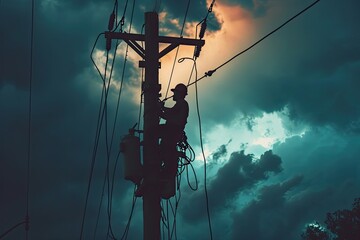 Aufkleber - Electrician Repairing Power Lines During A Heavy Storm