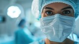 Fototapeta Lawenda - A close-up portrait of a confident surgeon, wearing surgical mask and gloves, with minimal hospital light