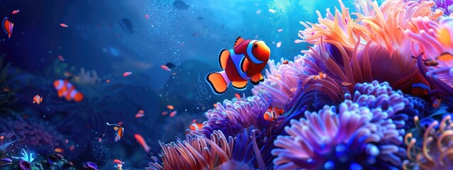 Wall Mural - Clown fish swimming underwater reef background, Colorful Coral reef landscape in the deep of ocean. Marine life concept. Snorkel, diving