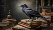 a raven standing on a stack of very old books