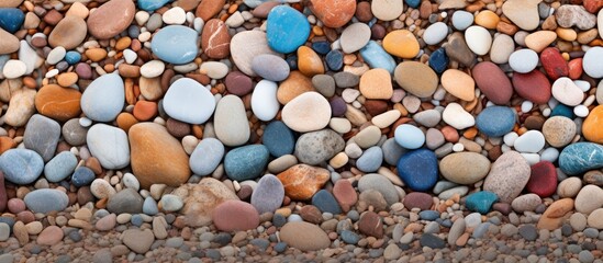 Canvas Print - A beautiful arrangement of colorful rocks, a mix of pebbles and gravel, on the beach. These natural materials can be used for art, building, or simply admiring while traveling