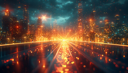 Aufkleber - majestic and modern night city views, light speed data transfer interconnected, smart city