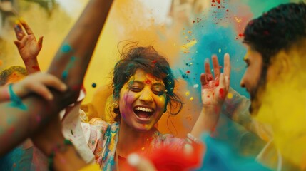 Wall Mural - Holi festival. happy hindu indian people celebrate holi festival by throwing colorful powder at each other	