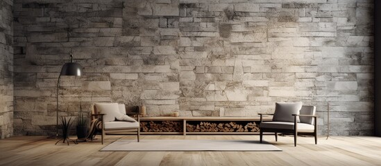 Poster - Urban design meets rustic charm in this living room with a brick wall, wooden chairs, a table, and a lamp. The flooring is made of asphalt, creating a modern yet cozy feel in the city building