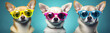 group of cute chihuahua dogs wearing colorful sunglasses on blue background