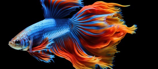 Wall Mural - An electric blue betta fish with vibrant fins is gracefully swimming underwater, against a black background. This fluid organism embodies the beauty of marine biology