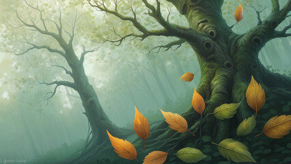 Wall Mural - A painting of a trees with leaves on them