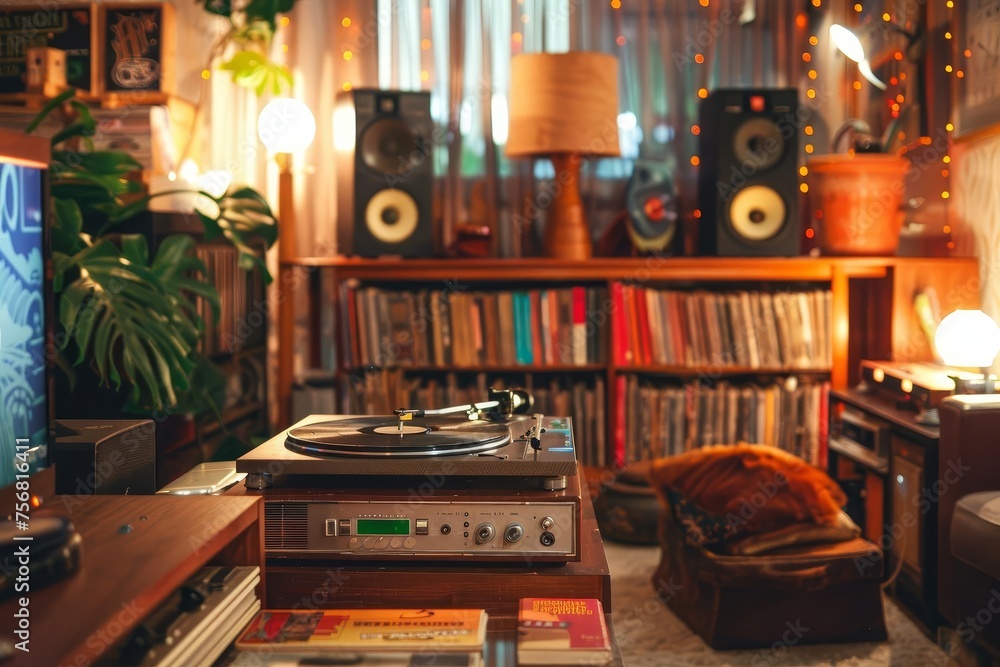 Vintage stereo system Classic vinyl record player in a cozy Retro ...