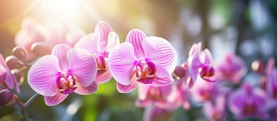 Wall Mural - A closeup of a cluster of pink orchids with sunlight streaming through the petals, showcasing the beauty of this flowering plant in full blossom