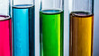 Vibrant Chemistry Experiment with Row of Colorful Liquids in Glass Test Tubes