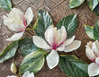 wall mural wallpaper postcard flowers on a brown patterned background magnolia jasmine leaves painted flowers