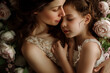 © Zography - Mother and her daughter in a gently hug with bouquet of flowers in a calm atmosphere. Mother's Day concept, as well as motherhood and maternal bonds.