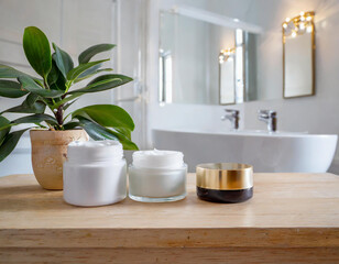 A set of facial cream and a presentation space on a wooden desk in a modern white bathroom.