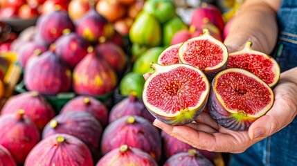 Wall Mural - Hand holding ripe fig with selection on blurred background, ideal for text placement