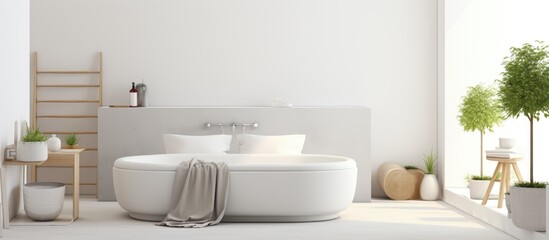 A bathroom with a bathtub and two sinks, featuring a grey flooring, wood table, and modern interior design. The property is a building with a luxurious house