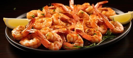 Wall Mural - A plate of seafood featuring fried shrimp topped with lemon slices, a delicious dish that is a staple in many cuisines around the world