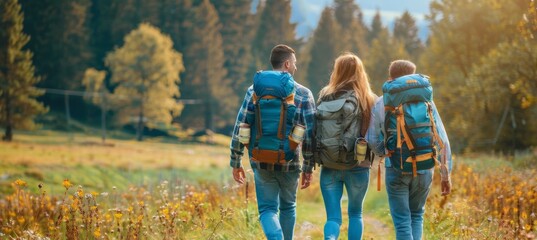 Wall Mural - Adventurous group hiking in mountains at sunset, enjoying summer trekking and nature exploration