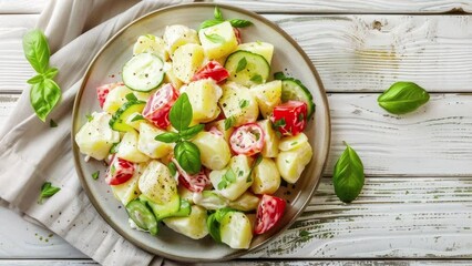 Wall Mural - Delicious Plate of Potato Salad with Tomatoes and Cucumbers on a Wooden Table