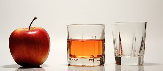 On the table are two glasses of liquid alongside a red apple, one glass filled with Cognac and the other with an unknown drink