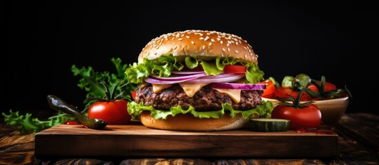 Sticker - A classic fast food staple, the hamburger featuring lettuce, tomatoes, onions, and cheese on a bun is displayed on a wooden cutting board