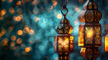 Wall Mural - Arabic lanterns illuminating vibrant blue navy Ramadan Kareem background with night bokeh, blurred festive lights glowing candle, Traditional greeting card, holy month of muslim ramadan, invitation