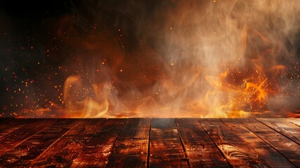 Wall Mural - wooden table with Fire burning at the edge of the table, fire particles, sparks, and smoke in the air, with fire flames on a dark, copy space - generative ai