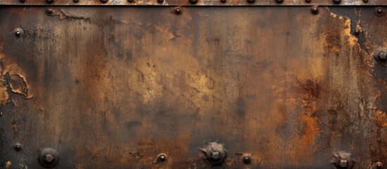 Wall Mural - A close up of a brown rusty metal surface with rivets creating a unique pattern. Reminiscent of wood flooring with a rectangular art style and wood stain