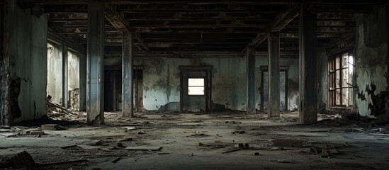 Decrepit interior of a deserted structure.