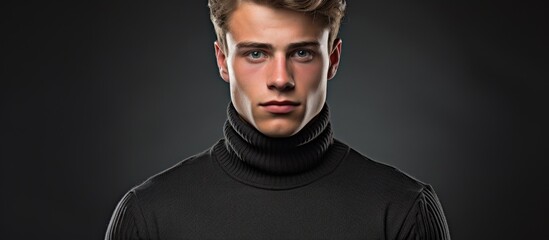 Canvas Print - A young man with a black turtleneck sweater is facing the camera, smiling. His head, jaw, and arms are visible, as well as his bearded face. The sleeves of his sweater are prominent in the photograph