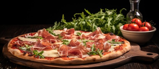 Wall Mural - A delicious pizza topped with fresh tomatoes is placed on a rustic wooden cutting board. The combination of ingredients creates a mouthwatering dish perfect for any cuisine lover