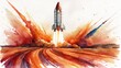 Planet Discovery - watercolor illustration of Rocket launching from Mars, leaving a trail in the red dust.