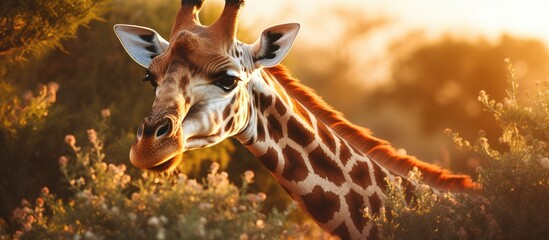 Canvas Print - A Giraffidae stands gracefully in the grass, its long neck reaching for the camera. The terrestrial animals fawn coat blends with the landscape