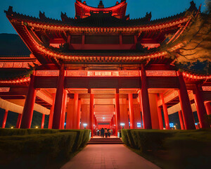 Chinese cityscape temple night view, Nighttime illuminated cityscape China