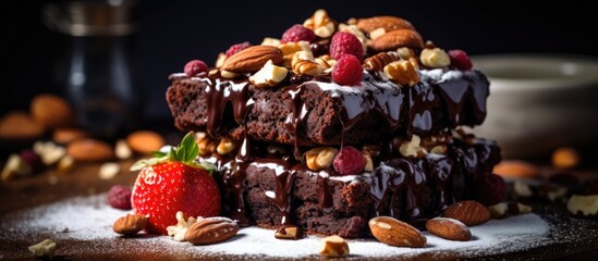 Canvas Print - An appetizing image of a chocolate cake topped with nuts and berries, displayed on a table. The mixture of ingredients creates a mouthwatering dessert