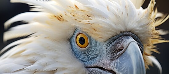 Poster - A closeup of a white parrot with yellow iris and feather, belonging to the family Phasianidae within the Galliformes order of birds