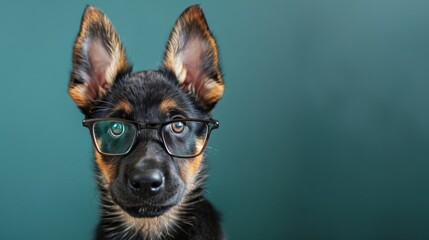 Wall Mural - Playful puppy in spectacles surrounded by a studio backdrop, offering ample room for text placement.