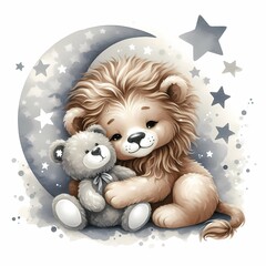 watercolor illustration of cute baby lion holding a toy moon stars for baby nursery kids room children' s room decor