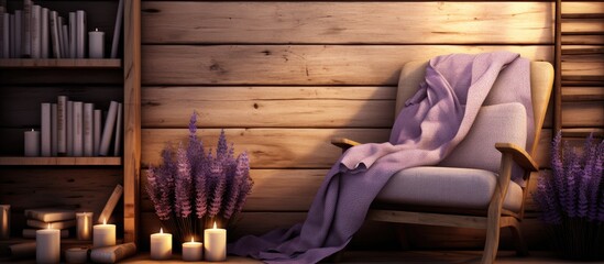 Wall Mural - Cozy Reading Corner with Lavender Flowers on Wooden Background