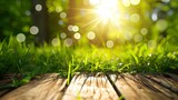 Fresh spring green grass with green bokeh and sunlight and wood floor. Beauty natural background - generative ai