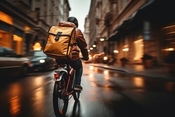 Wall Mural - Courier on bicycle delivering food in city. The concept of fast delivering goods or food