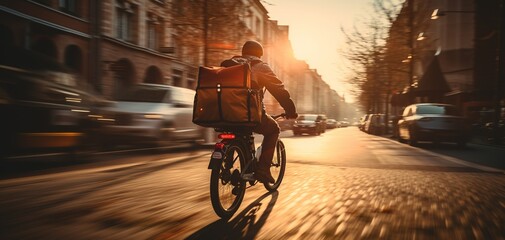 Wall Mural - Courier on bicycle delivering food in city. The concept of fast delivering goods or food