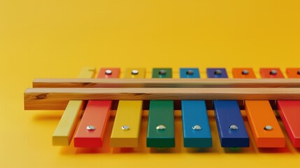 Wall Mural - A xylophone with colorful bars and a wooden frame, captured against a solid yellow background for a playful and lively music shot.