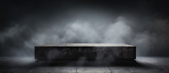 A rectangular podium made of wood stands in a dark room, emitting grey smoke resembling clouds. The landscape outside the window is filled with cumulus clouds over the city skyline