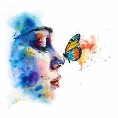 Wall Mural - Painting of a butterfly standing in nose of girl.