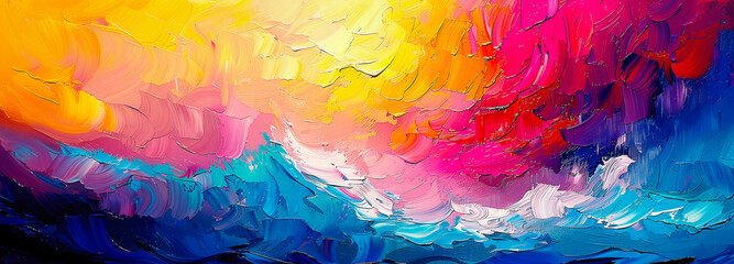 Wall Mural - Colorful ocean sunset abstract painting. Water waves, sky clouds background. Rainbow blue, yellow, pink brushstroke texture for copy space text. Beach vacation travel illustration by Vita